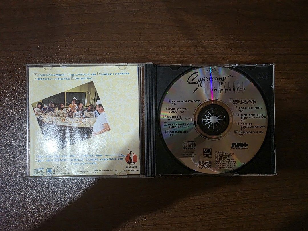 Supertramp - Breakfast in America (CD) (Category: CDs & DVDs) located in Camalig. Submitted by kyoudayo (Listing ID 1467706581, Image 3). Description: - Title: Supertramp - Breakfast in America - Label: A&M Records (1979) - Key Tracks: The Logical Song, Goodbye Stranger, Take the Long Way Home - Condition: NM - Inclusions: Back inlay and disc feature complete tracklist.