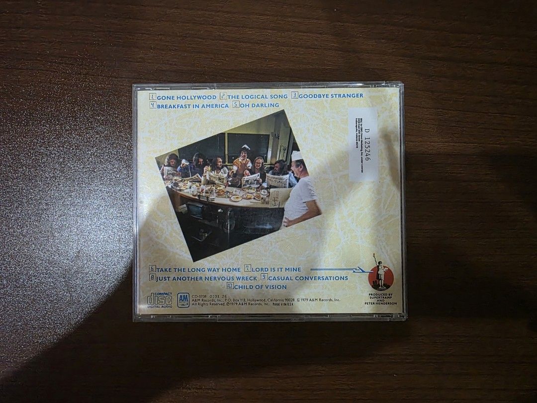 Supertramp - Breakfast in America (CD) (Category: CDs & DVDs) located in Camalig. Submitted by kyoudayo (Listing ID 1467706581, Image 2). Description: - Title: Supertramp - Breakfast in America - Label: A&M Records (1979) - Key Tracks: The Logical Song, Goodbye Stranger, Take the Long Way Home - Condition: NM - Inclusions: Back inlay and disc feature complete tracklist.
