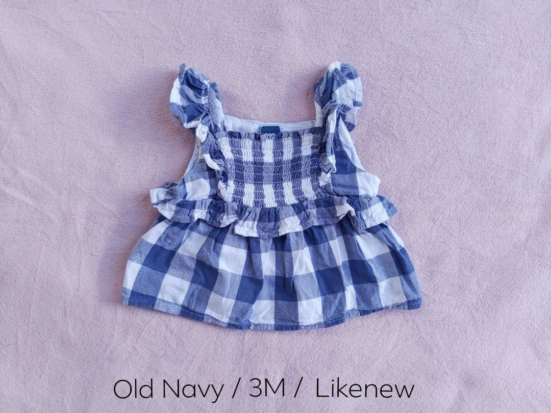 TAKE ALL / OLD NAVY 0-3M (Category: Babies & Kids Fashion) located in Sipocot. Submitted by mszari (Listing ID 1467704421, Image 1). Description: 🎀 OLD NAVY BUNDLE — 3 PIECES 🎀 Brand: Old Navy Sizes: 0-3M & 3-6M Condition: Likely New to Brand New ✨ 💙 Blue gingham ruffle top 🌼 Beautiful floral dress — BNEW! 🌸 Dainty floral onesie All lightweight, comfy & perfect for daily wear or special occasions! 😍 🏷️ BUNDLE PRICE: ₱280 for ALL 3! 📍 Base