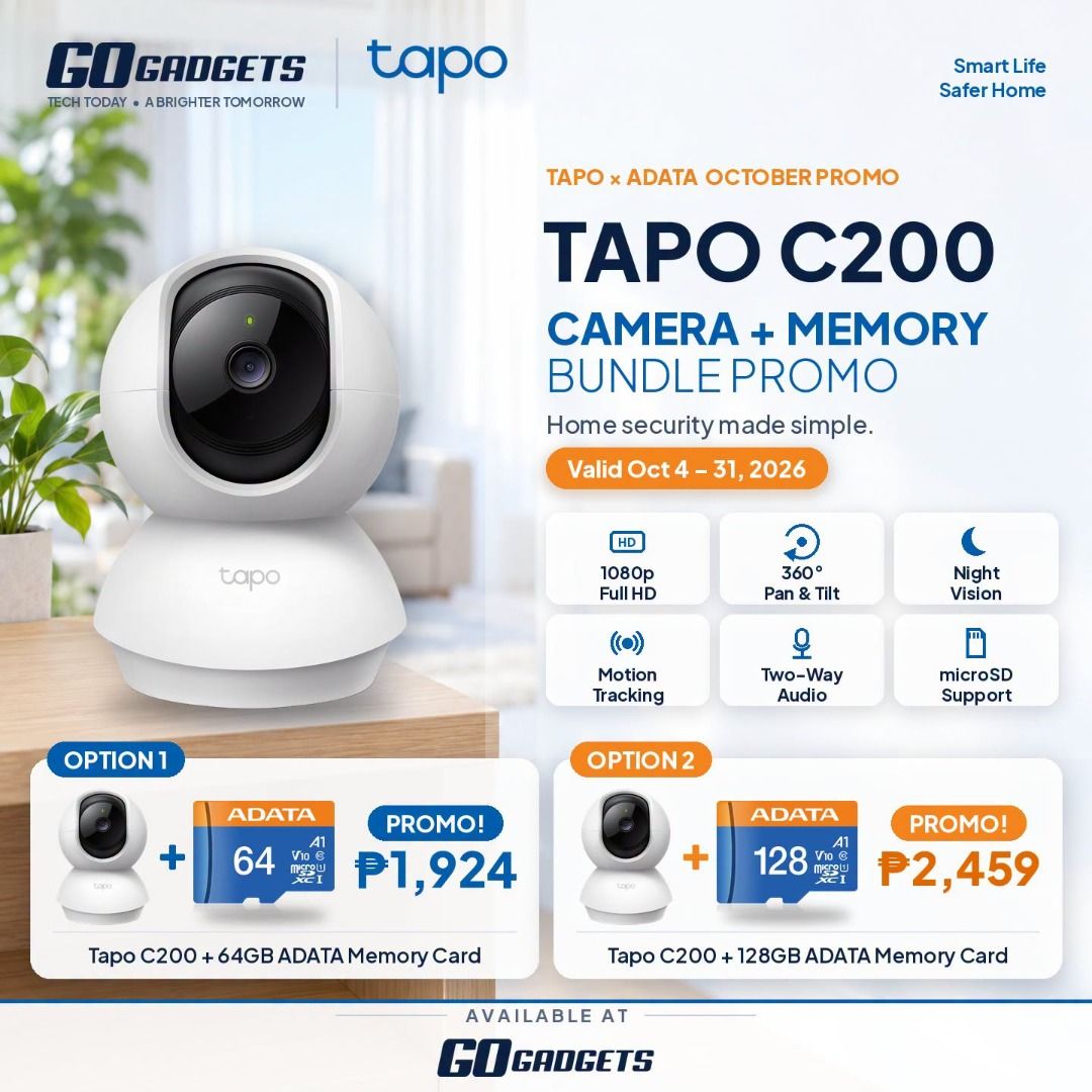 Tapo x ADATA Camera and Memory Bundle Promo (Category: Security Systems & CCTV Cameras) located in Makati City. Submitted by eckang12 (Listing ID 1467646661, Image 2). Description: - Suitable for: ✅ Homes ✅ Stores ✅ Small businesses ✅ Room monitoring ✅ Pet monitoring ✅ Baby / family monitoring ✅ Smart home setup.