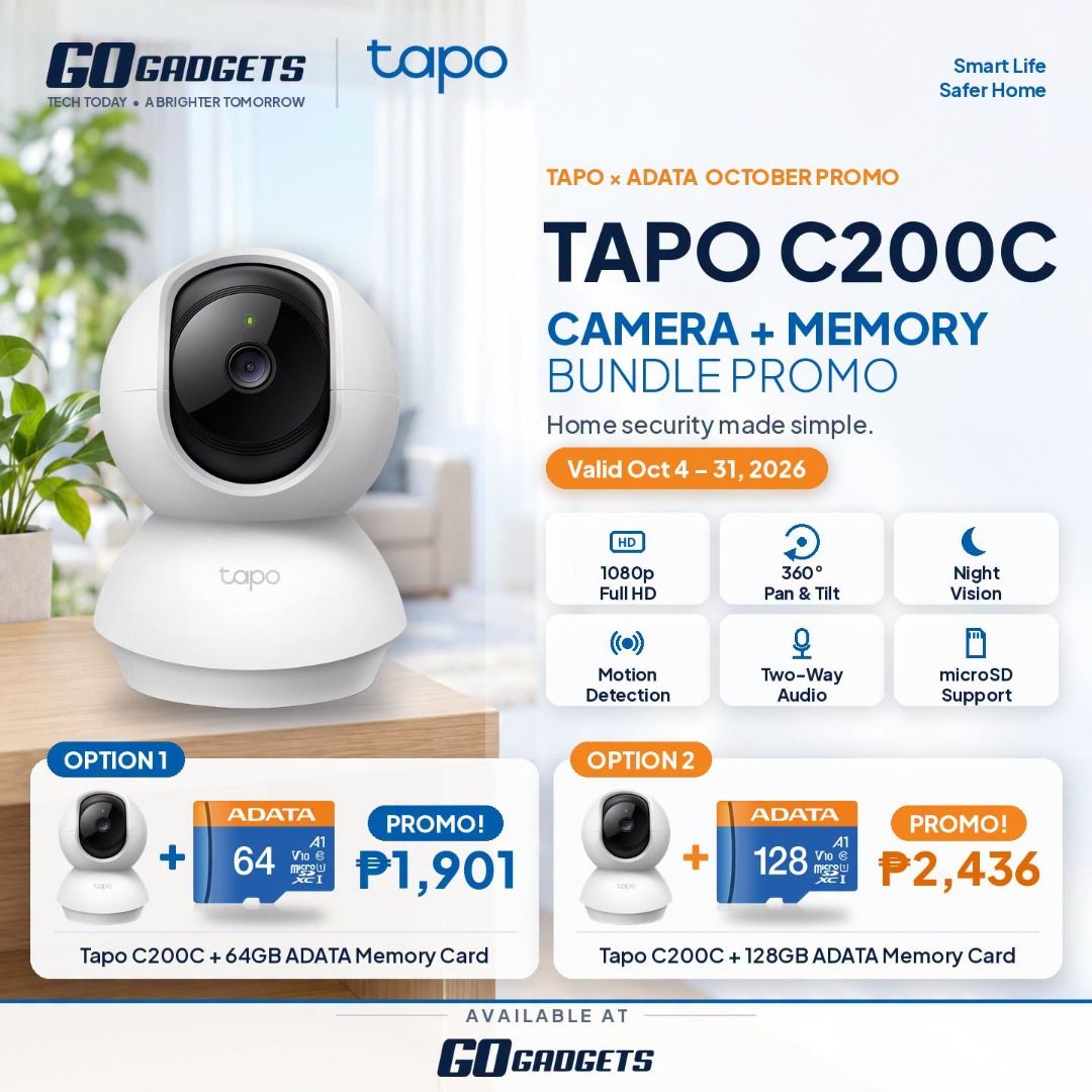 Tapo x ADATA Camera and Memory Bundle Promo (Category: Security Systems & CCTV Cameras) located in Makati City. Submitted by eckang12 (Listing ID 1467646661, Image 3). Description: - Suitable for: ✅ Homes ✅ Stores ✅ Small businesses ✅ Room monitoring ✅ Pet monitoring ✅ Baby / family monitoring ✅ Smart home setup.