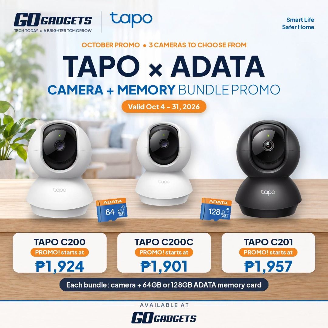 Tapo x ADATA Camera and Memory Bundle Promo (Category: Security Systems & CCTV Cameras) located in Makati City. Submitted by eckang12 (Listing ID 1467646661, Image 1). Description: - Suitable for: ✅ Homes ✅ Stores ✅ Small businesses ✅ Room monitoring ✅ Pet monitoring ✅ Baby / family monitoring ✅ Smart home setup.
