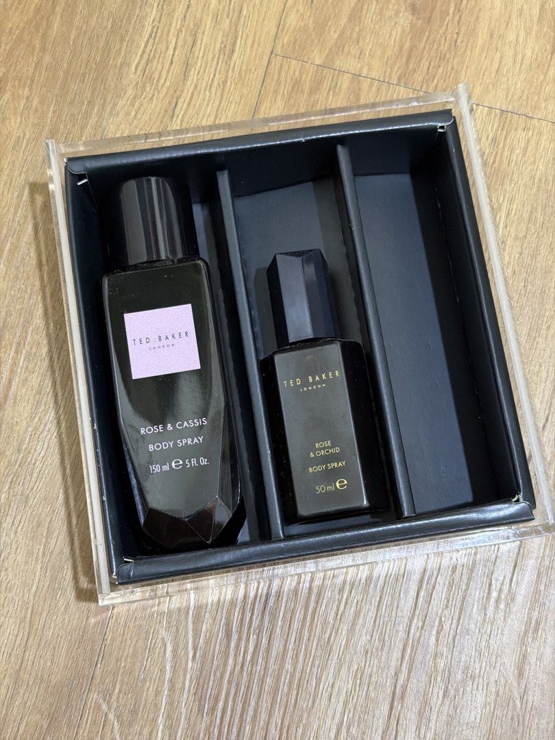 Ted Baker London Body Spray (Category: Fragrance & Deodorants) located in Manila. Submitted by scimihx (Listing ID 1467724924, Image 1). Description: - Brand: Ted Baker London - Condition: Brand new, unused, and full bottles - Inclusion 1: Rose and Cassis Body Spray (150ml) - Inclusion 2: Rose and Orchid Body Spray (50ml) - Packaging: Comes in a clear presentation box with black dividers - Ideal for: Daily wear or ready-to-give gifting.