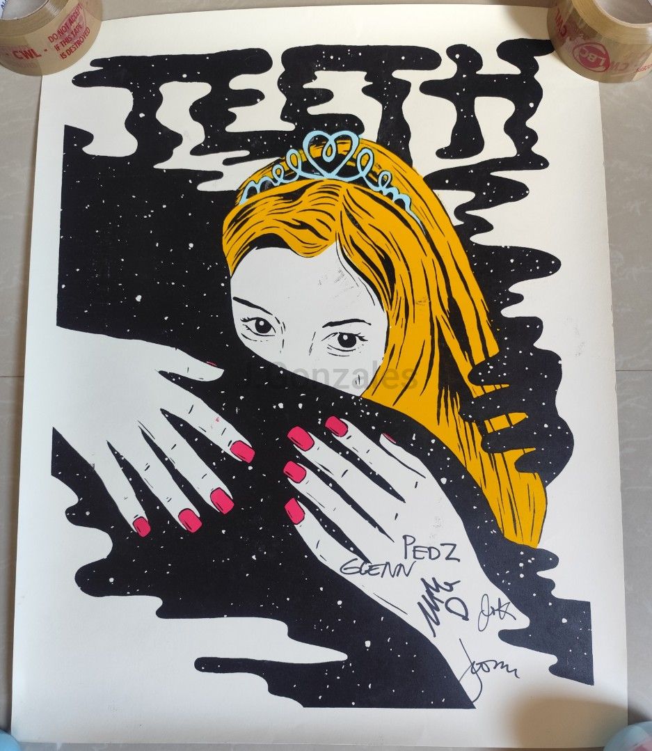 TEETH Prinsesa Poster Signed (Category: Art & Prints) located in Valenzuela. Submitted by xjepsx (Listing ID 1467628320, Image 1). Description: - Title: TEETH original artwork poster - Design: Blonde character wearing a tiara with a hand graphic - Signatures: Multiple signatures including Pedz and Glenn - Colors: Bold black, white, yellow, and blue - Condition: Kept flat, minor edge wear from handling - Perfect for art fans and collectors.