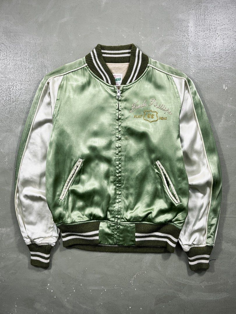 The Flat Head Co. "Fred's Phillips" 60s Repro Chainstitch Souvenir Jacket (Category: Coats, Jackets and Outerwear) located in Baguio. Submitted by highland.archives (Listing ID 1467775983, Image 1). Description: The Flat Head Co. "Fred's Phillips" 60s Repro Chainstitch Souvenir Jacket Light stains issue Tag size: Medium Width: 21 Length: 24.