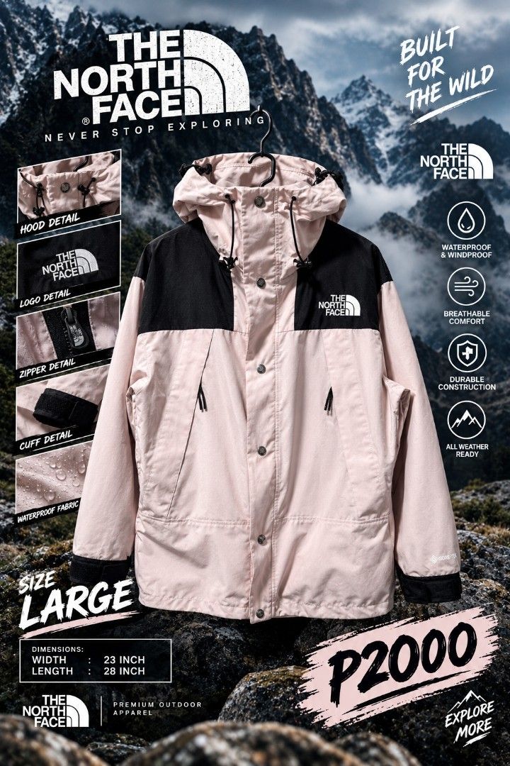 The North Face Waterproof Windproof Jacket Pink Black Large (Category: Coats, Jackets and Outerwear) located in Makati City. Submitted by rexb1993 (Listing ID 1467671129, Image 1). Description: - Brand: The North Face - Style: Outdoor Jacket - Color: Pink and Black - Size: Large (Chest: 23", Length: 28") - Material: Genuine Gore-Tex - Weather Protection: Waterproof, windproof, and breathable for all weather conditions - Features: Adjustable draws