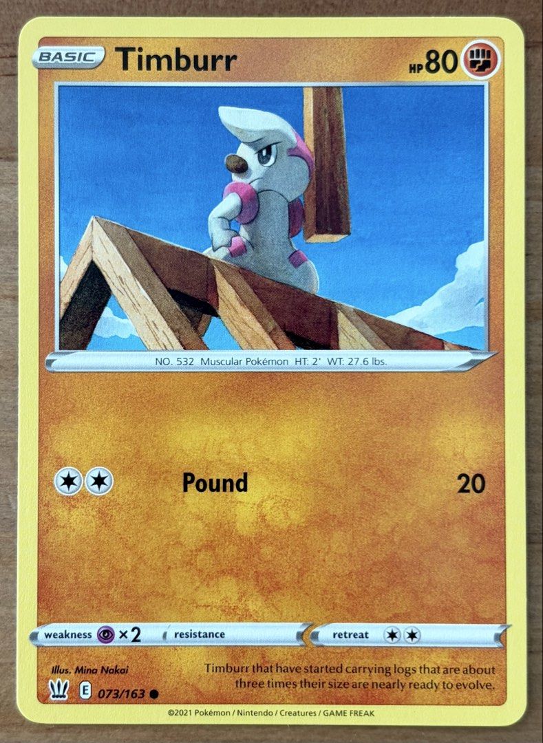 Timburr | Pokemon Cards ~ Battle Styles (Category: Raw Singles) located in Makati City. Submitted by cardlab (Listing ID 1467838181, Image 1). Description: Items are 💯 authentic/original/legit. About The Card: •Language: EN • Number: 073/163 • Common • Normal FOR: • Cards ₱99 and below with Card Sleeves • Cards ₱100 and up with Card Sleeves and Used Toploader • ₱10 for Bnew Tops Packaging (If Shipping): ✔️ Plastic cover ✔️ Cardboard ✔️ Bubble wr