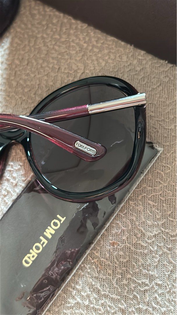 Tom Ford Oversized Sunglasses with Case (Category: Luxury Accessories) located in Cavite. Submitted by florabells (Listing ID 1467690494, Image 3). Description: - Brand: Tom Ford - Style: Oversized sunglasses with gradient lenses - Color: Dark purple frame - Inclusions: Original hard case, outer box, and unopened cleaning cloth - Condition: Great designer accessory, sturdy frames with gold branding .