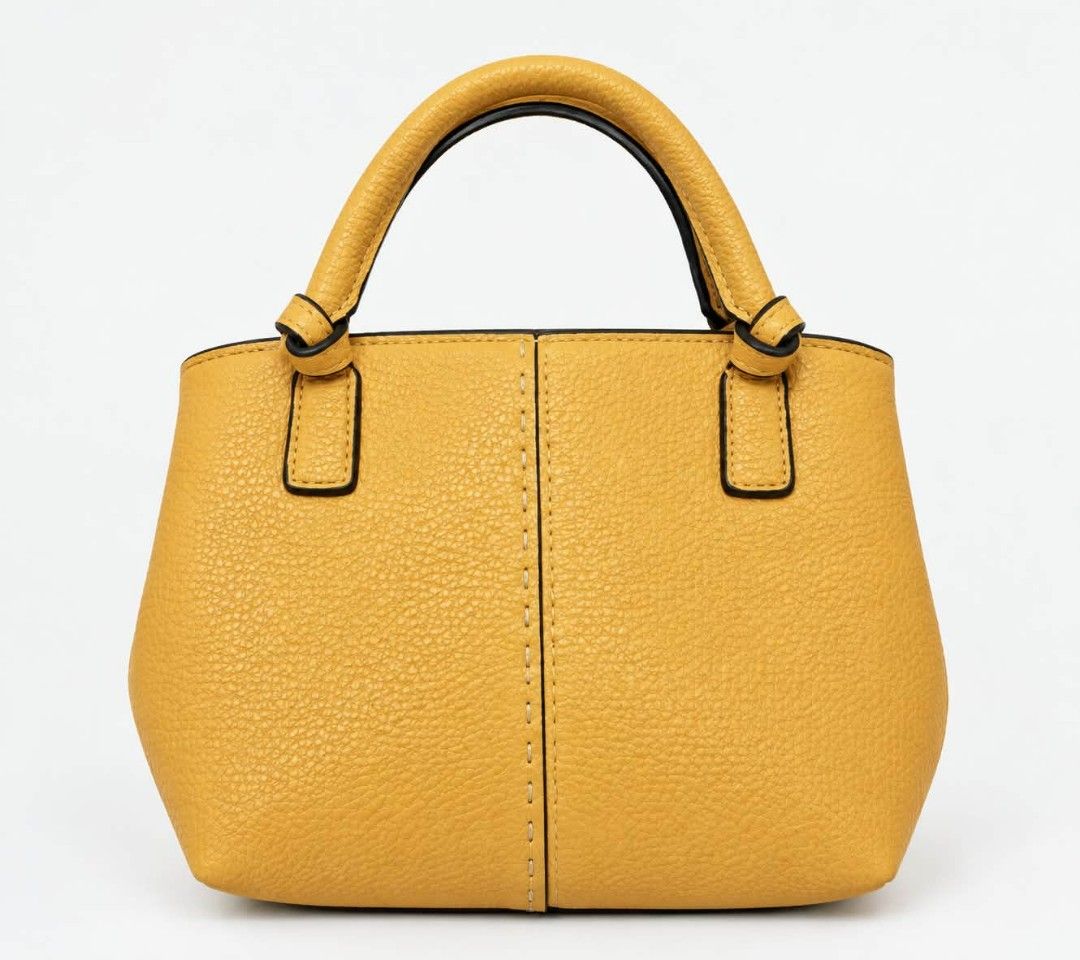 TORY BURCH Mcgraw mini satchel handbag (Category: Tote Bags) located in Lucena. Submitted by amirahsoonlineshop (Listing ID 1467650993, Image 2). Description: - Material: Vibrant yellow pebbled leather with black edge coating - Design: Twin top handles, contrast center stitching, and gold-tone T logo emblem on front - Interior: Clean lining with tag reading Made in China HKF001 11-14 - Condition: Well-maintained and ready to use.