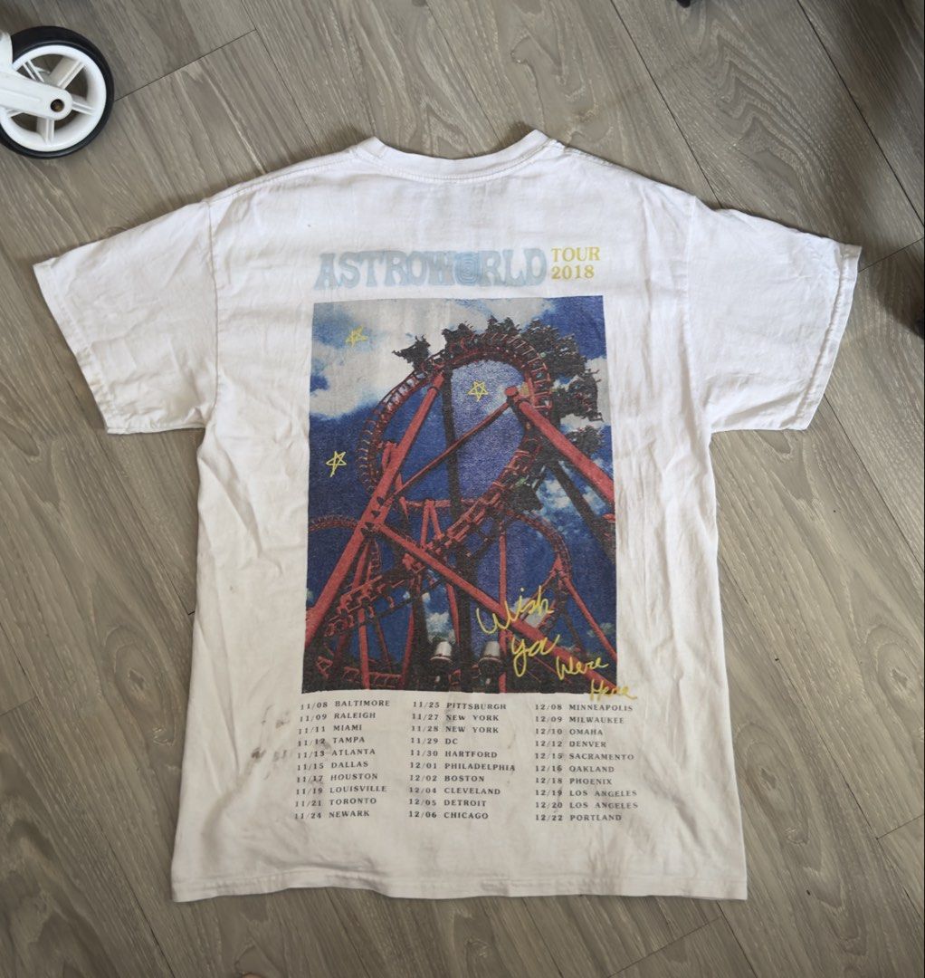 Travis Scott Astroworld M (Category: Tshirts & Polo Shirts ) located in Marilao. Submitted by carlokilla (Listing ID 1467675088, Image 1). Description: Astroworld Wish you were here Tour 2018 19 by 27 Medium tag. Issue stains. see photos for reference. Free shipping..