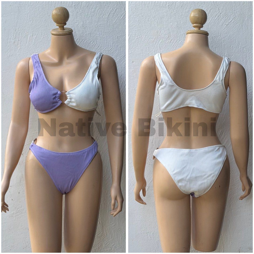 Two-Tone Ribbed Bikini Set Purple White Ring Detail (Category: Bikinis & Swimsuits) located in El Nido. Submitted by nativebikini (Listing ID 1467648952, Image 1). Description: - Style: Two-tone bikini set (light purple and white) - Material: Textured ribbed fabric with great stretch for all-day comfort - Top: Scoop neck design - Bottoms: High-cut with a stylish center ring detail - Back View: Clean, solid white design - Condition: Brand new / Ex