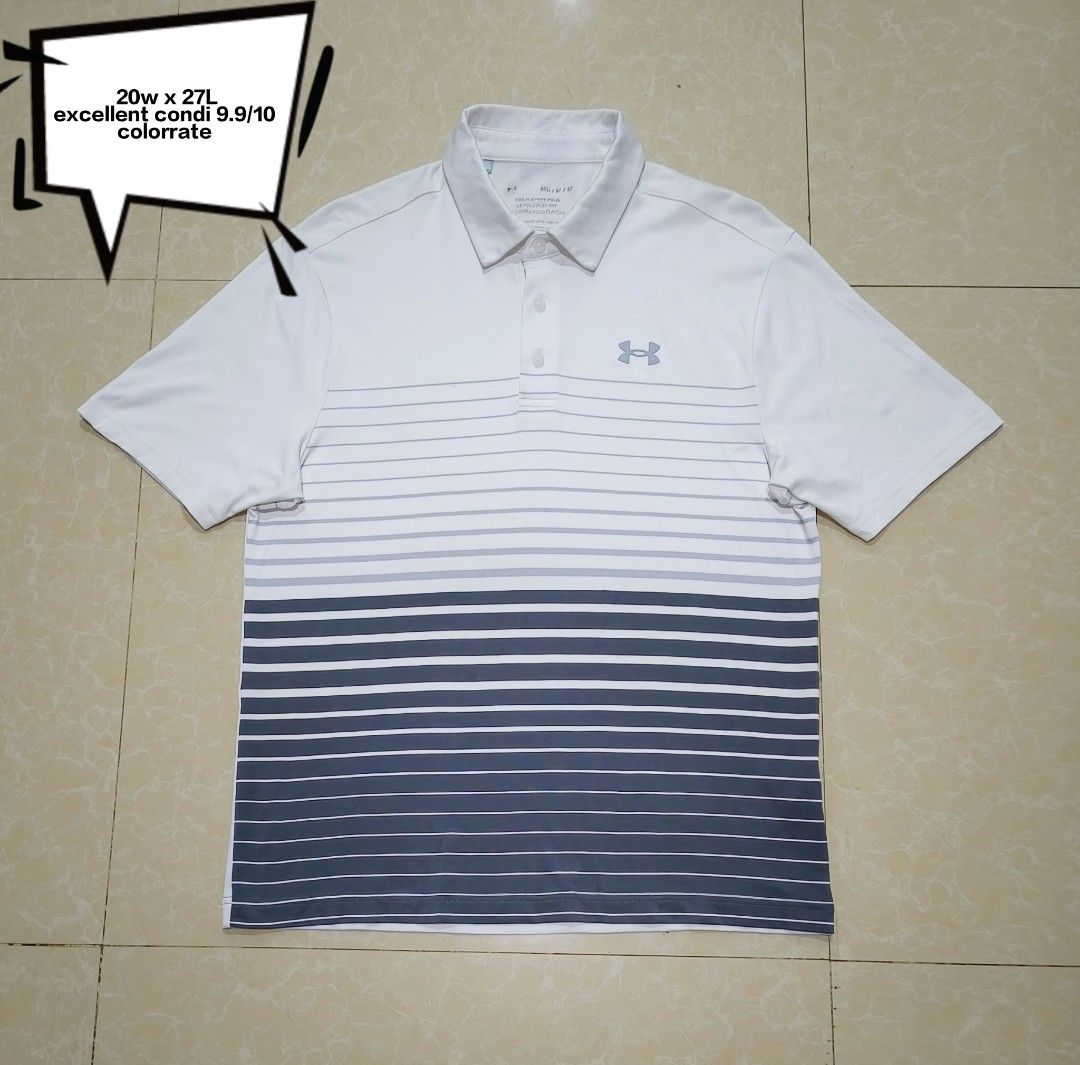 Under Armour The Playoff Polo White Grey Size M (Category: Tshirts & Polo Shirts ) located in Manila. Submitted by purefire-477a (Listing ID 1467769810, Image 1). Description: - Brand: Under Armour - Style: The Playoff Polo - Color: White with grey and dark blue horizontal gradient stripes - Size: M - Measurements: 20 inches chest, 27 inches length - Material/Tech: Loose fit HeatGear fabric - Features: Short sleeves, standard collar, three-button