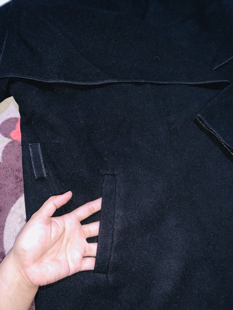 Unico Black Wool Coat (Category: Coats, Jackets and Outerwear) located in Pasig City. Submitted by nyca1989 (Listing ID 1467766946, Image 3). Description: Black open-front coat with a wide draped shawl collar and front pockets. Best fit to small to medium. Made in Italy.