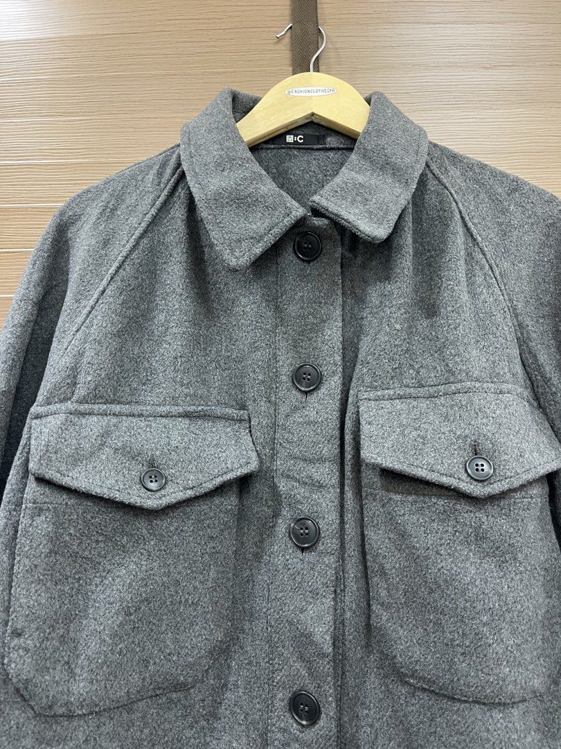 Uniqlo :C Grey Wool Blend Jacket Coat Size S (Category: Coats, Jackets and Outerwear) located in Mabalacat. Submitted by fashionclothesph (Listing ID 1467737441, Image 3). Description: - Brand: Uniqlo C - Color: Grey - Size: Small (Regular Fit) - Material: Warm wool blend - Design: Button-up front, structured collar, two large chest pockets, and button cuffs - Condition: Great layering piece for cooler weather.