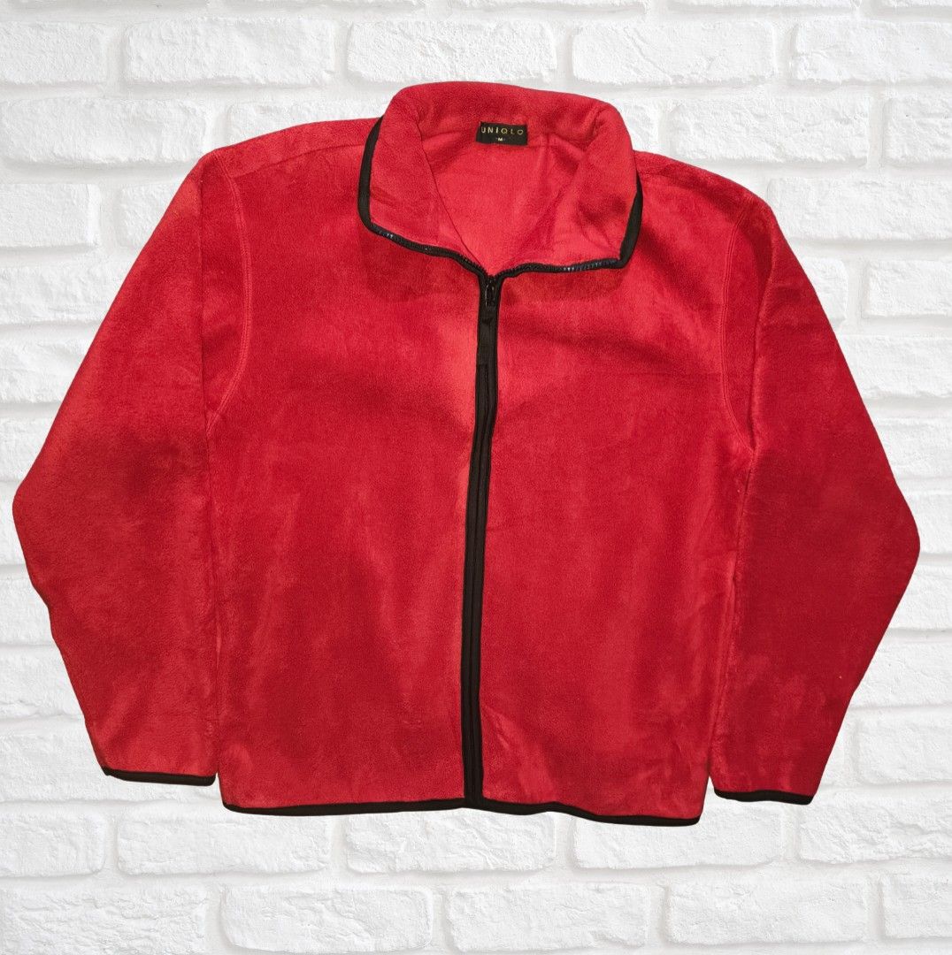 Uniqlo Red Fleece Jacket Size M (Category: Coats, Jackets and Outerwear) located in Baguio. Submitted by ai_ban17 (Listing ID 1467601978, Image 1). Description: - Brand/Item: Uniqlo Red Fleece Jacket - Size: Medium (Standard Fit) - Details: Full zip front with contrast dark brown trim on collar, cuffs, and hem - Material: Soft and cozy fleece, perfect for cooler weather - Condition: Clean, excellent overall condition with smooth-working zippers -