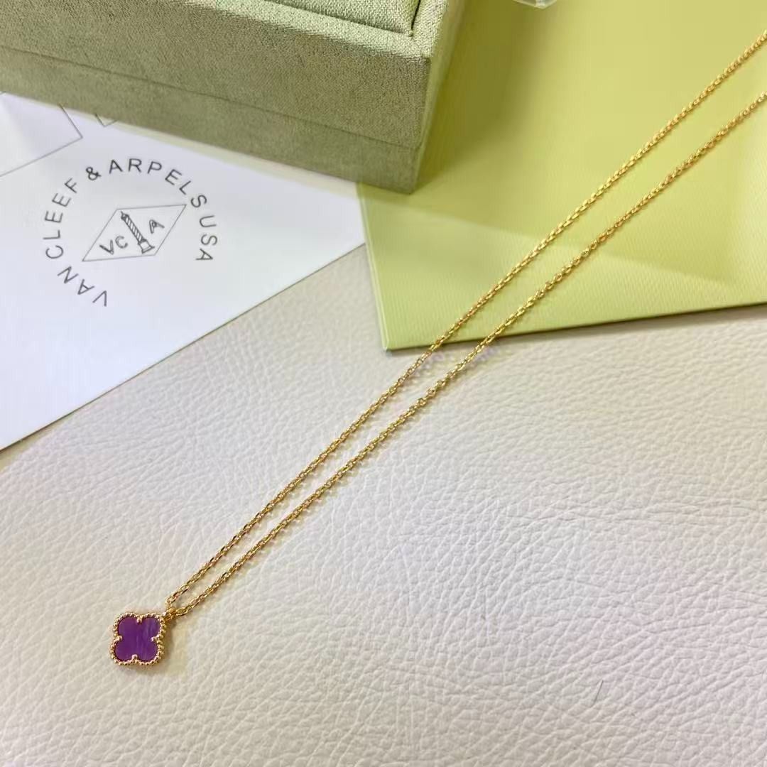 Van Cleef & Arpels Vintage Alhambra Purple Clover Necklace (Category: Necklaces) located in Navotas City. Submitted by ciputsurti69538 (Listing ID 1467667607, Image 3). Description: - Brand: Van Cleef & Arpels - Design: Alhambra Purple Clover Pendant - Chain Options: Yellow Gold, Rose Gold, Silver - Inclusions: Green presentation box and authentication paper - Condition: Brand new / High quality - Perfect statement piece that matches any outfit -