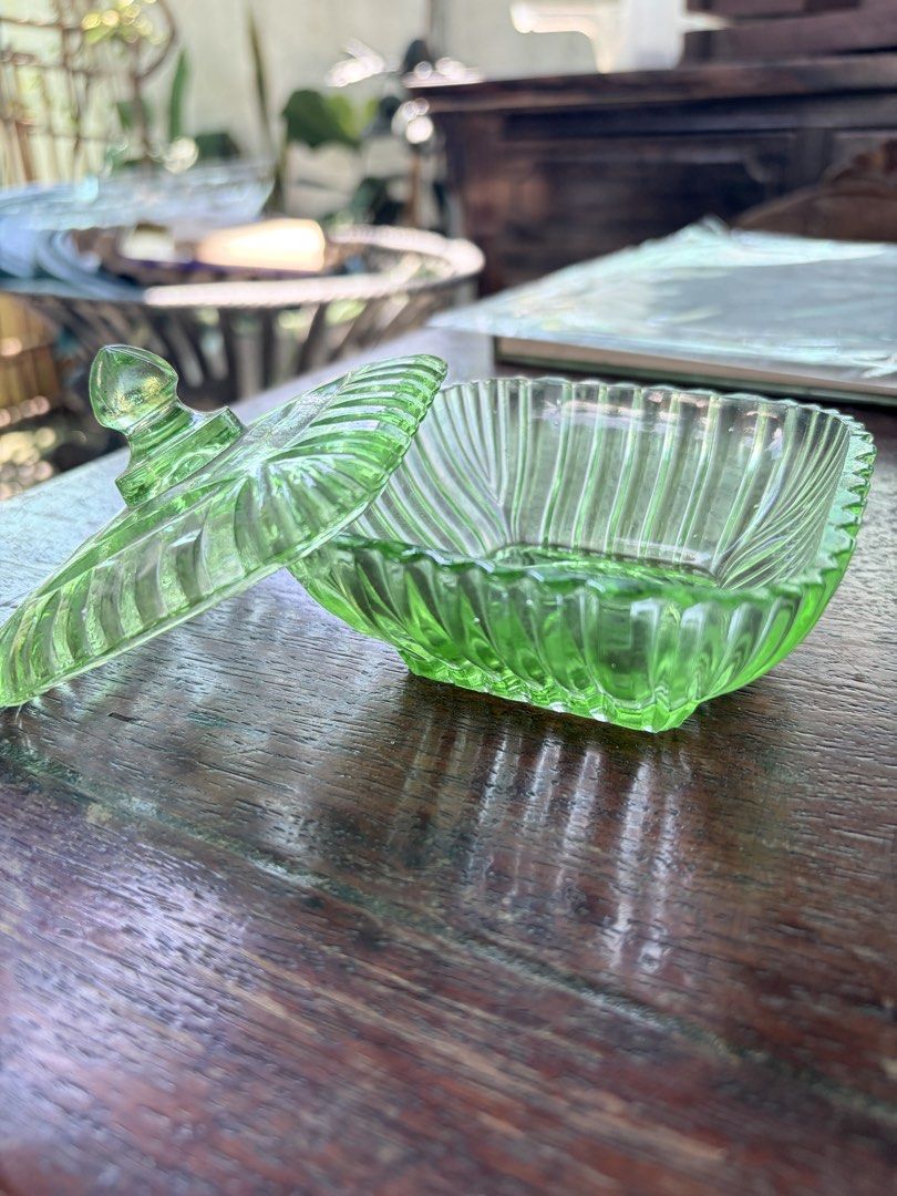 Vintage green Depression Glass (Category: Vintage Collectibles) located in Manila. Submitted by agith21 (Listing ID 1467647091, Image 2). Description: Vintage green Depression Glass lidded candy dish or trinket box Uranium Glass (kilala rin bilang Vaseline glass) mula noong 1930s Art Deco era Price: 1300.