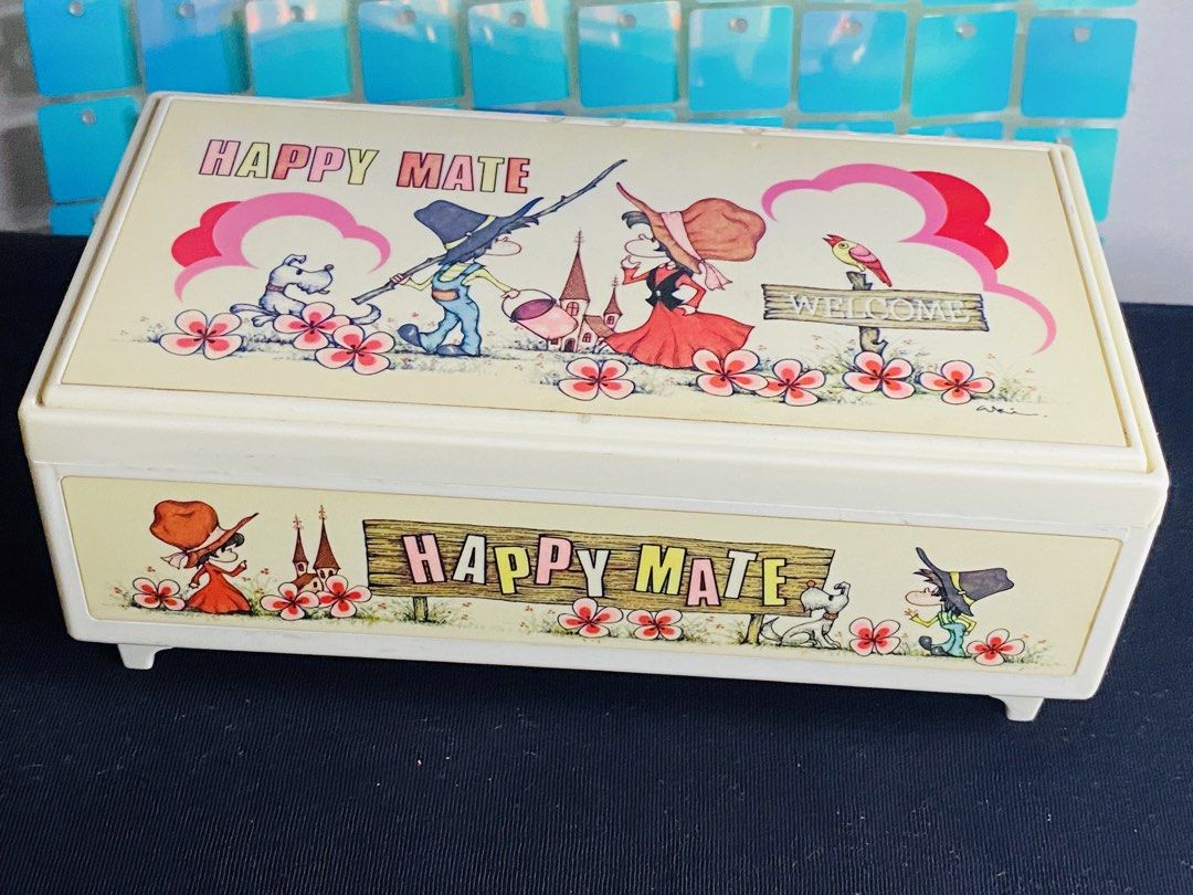 Vintage (Happy Mate) Music Box (Category: Vintage Collectibles) located in Manila. Submitted by kawaii_omocha_est2020 (Listing ID 1467805299, Image 1). Description: Sold As is - Flaw: Has a hairline / stress crack on the inner corner. Please see photo. Yellowing due to age. (Working).