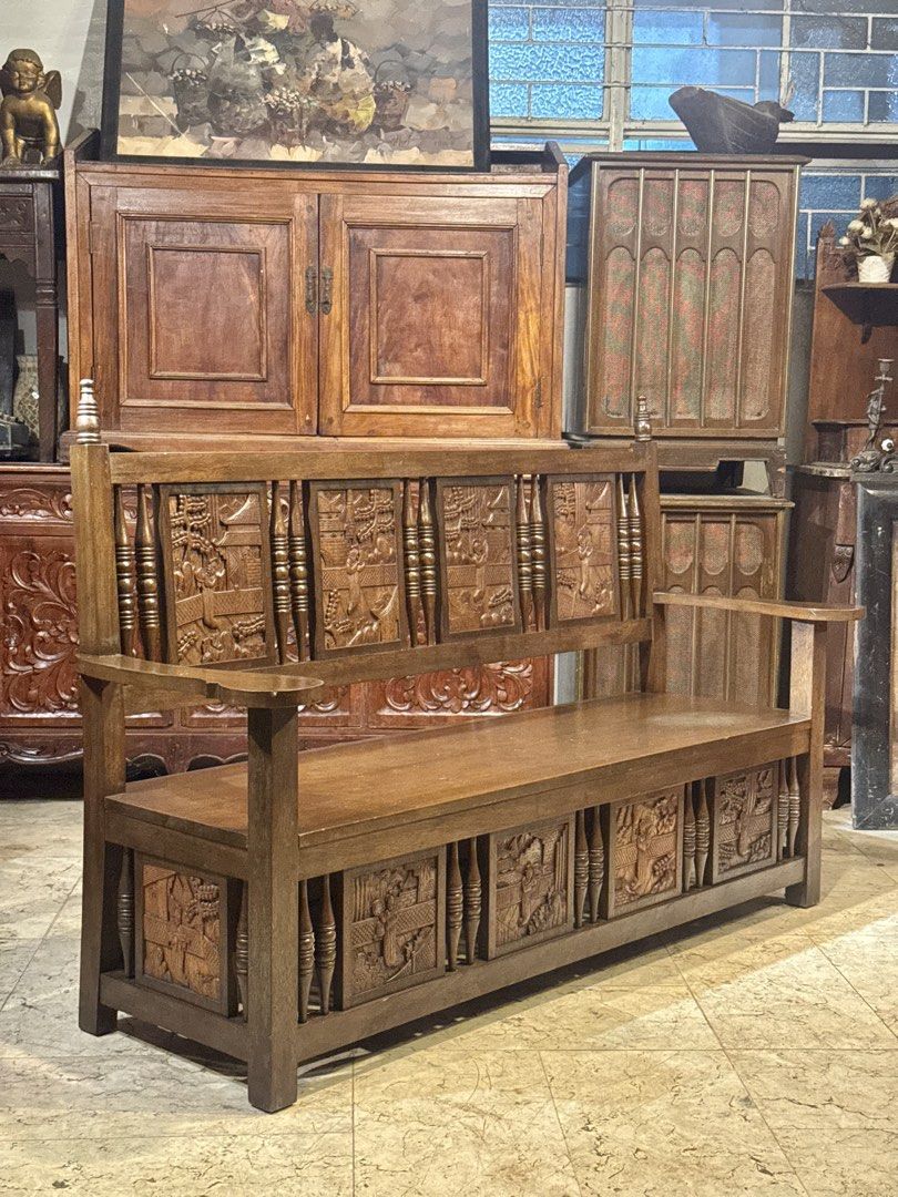 Vintage Oriental Ornate Kapiya Bench (Category: Vintage Collectibles) located in Manila. Submitted by sinaunang_gamit (Listing ID 1467663324, Image 2). Description: Vintage Oriental Ornate Kapiya Bench Length: 64 inches Height: 43 inches Width: 24 inches Sturdy and ready to use ₱15k.