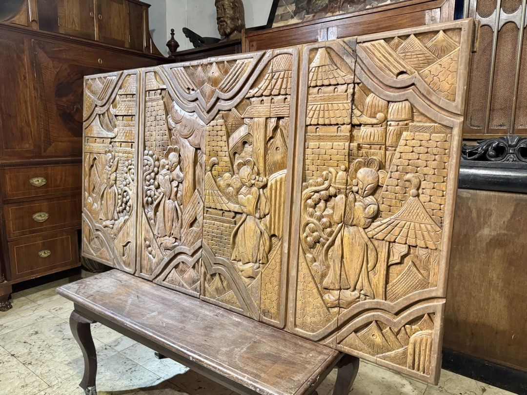 Vintage Oriental Wood Panel Wall Decor Carving (Category: Vintage Collectibles) located in Manila. Submitted by sinaunang_gamit (Listing ID 1467838312, Image 1). Description: Vintage Oriental Wood Panel Wall Decor Carving Total length: 56 inches Height: 30.5 inches Made of Camphor Wood Loc: 6th ave caloocan ₱12k.
