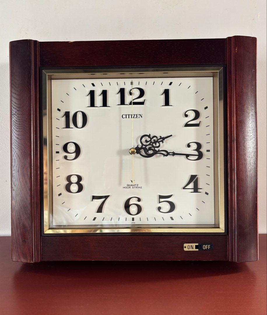 Vintage Wall Clock “Citizen — Quartz Hour Strike” (untested, as is) (Category: Vintage Collectibles) located in Cavite. Submitted by nanangonlineshop (Listing ID 1467634178, Image 1). Description: 📌 Vintage Wall Clock “Citizen — Quartz Hour Strike” (untested, as is) 🏷️ P550 ✅ Size: 12” x 13.5” ✅ Movement: Quartz with Hour Strike (chime feature with an ON/OFF switch at the bottom) ✅ Style: Retro / Showa-era design with bold black Arabic numerals