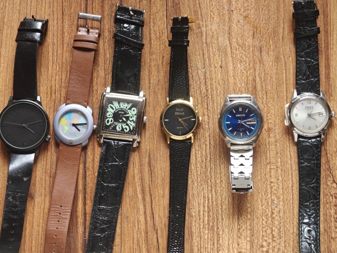 Vintage Watch Collection seiko (Category: Women's Watches) located in Santa Rosa. Submitted by md87360 (Listing ID 1467618430, Image 1). Description: - Lot of 6 pre-owned wristwatches available for individual purchase or as a set - Brands include Seiko 5 Actus, Takeo Kikuchi, Michel Jurdain Sport, and Royal Direct - Variety of dial designs: minimalist black, colorful world map, and bold numeric - Strap options feature genuine leather, faux croc, 