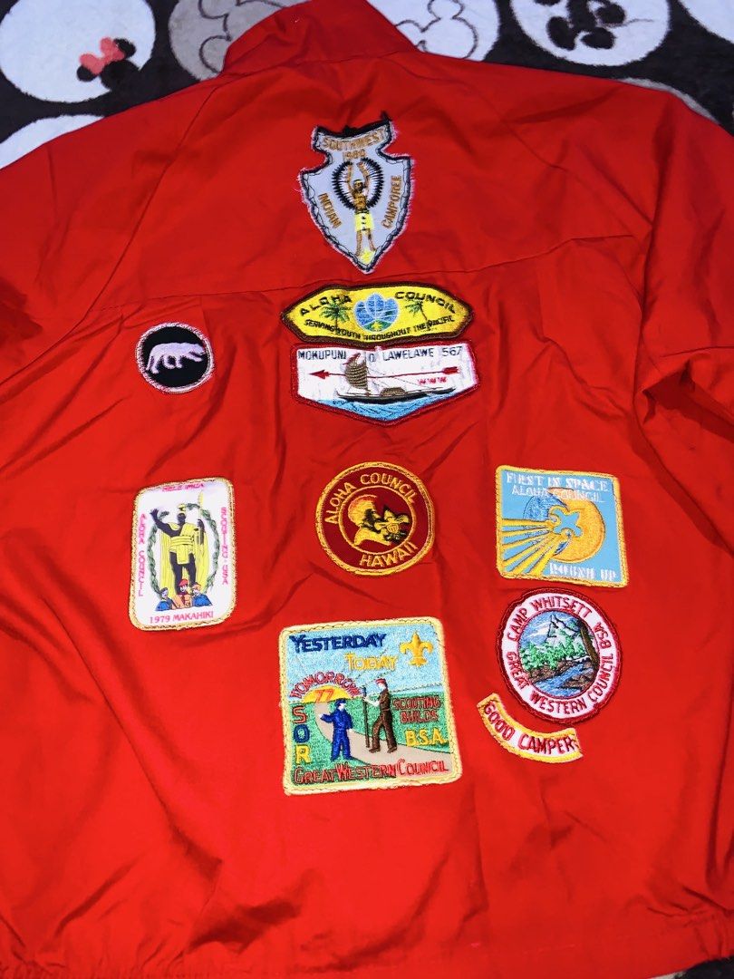 Vintages red Boy Scout jacket (Category: Babies & Kids Fashion) located in Pasig City. Submitted by nyca1989 (Listing ID 1467769405, Image 2). Description: Vintages red Boy Scout jacket is covered with patches at the back. Fits to S-SM adult or 12 little chubby/14-16 teens .