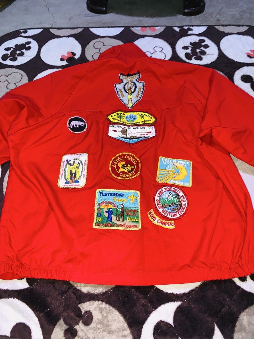 Vintages red Boy Scout jacket (Category: Babies & Kids Fashion) located in Pasig City. Submitted by nyca1989 (Listing ID 1467769405, Image 1). Description: Vintages red Boy Scout jacket is covered with patches at the back. Fits to S-SM adult or 12 little chubby/14-16 teens .