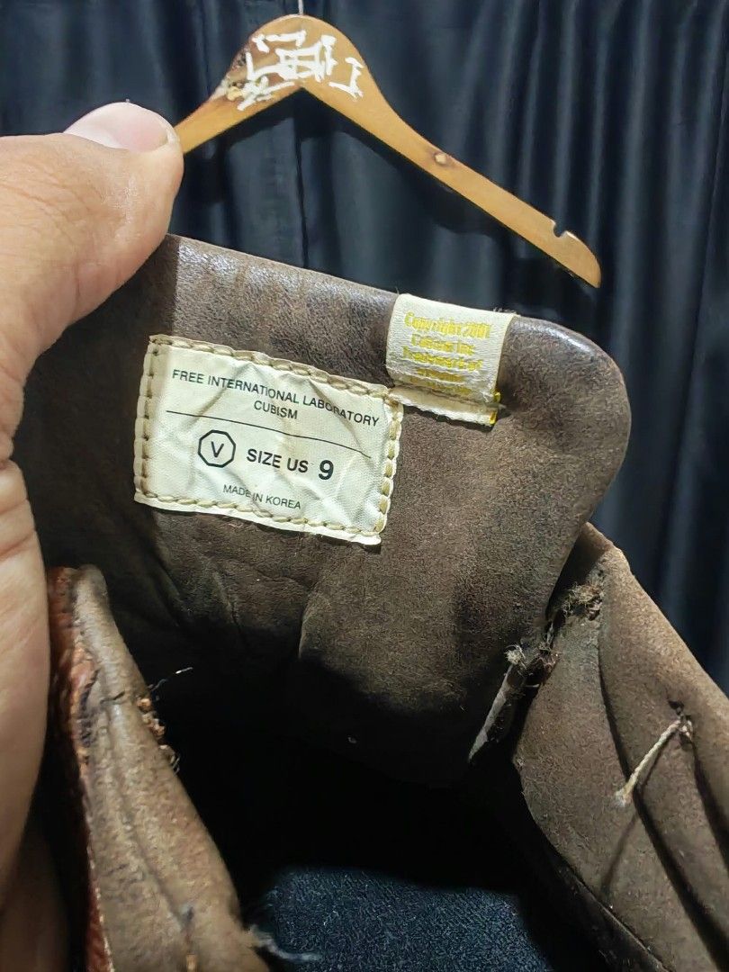 Visvim Cubism Hiking Boots Brown US 9 (Category: Boots) located in Baguio. Submitted by solo_ukay (Listing ID 1467788625, Image 3). Description: - Brand/Model: Visvim Free International Laboratory Cubism Boots - Size: US 9 - Origin: Made in Korea (2001 copyright tag on tongue) - Materials: Brown textured leather upper, brown fabric side panels - Details: Yellow and black speckled laces, silver metal eyelets and speed hooks, white midsole, and bro