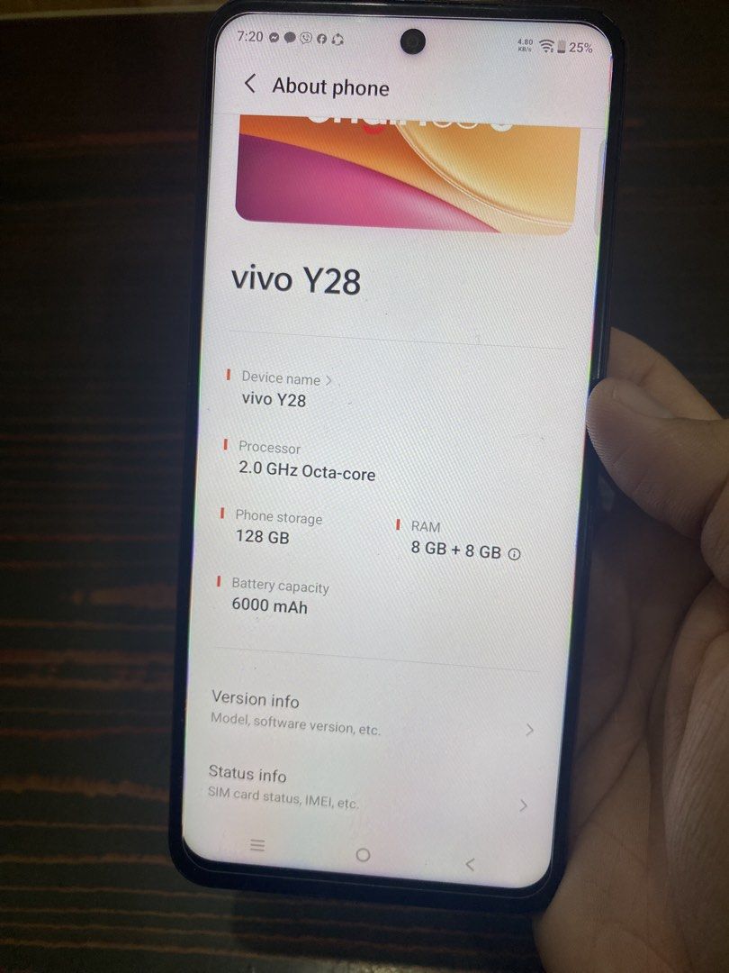 Vivo Y28 (Category: Other Mobile & Gadget Accessories) located in Antipolo. Submitted by tatudon (Listing ID 1467780177, Image 1). Description: For sale Vivo Y28 8/128gb May mga flaws na sya signs of usage paint chips at maninipis na dents sa likod Pero maayos na maayos padin performance at matagal pa malobat Open for shipping Meet up lalamove lbc Videos or pictures .