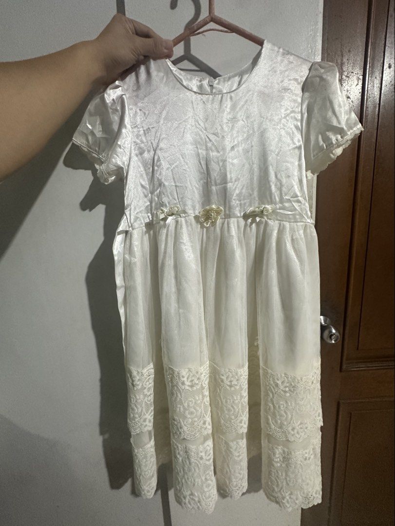 White lace children dress (Category: Babies & Kids Fashion) located in Quezon City. Submitted by cecillebuendia (Listing ID 1467786408, Image 1). Description: - Custom long white dress - Perfect for: Flower girls, birthday parties, and special occasions - Condition: Used once for event as angel.