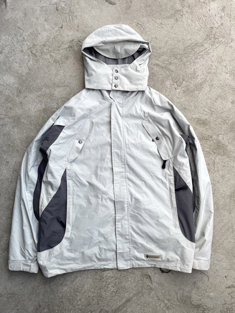 WHOOPER PRO Vintage Technical Shell Jacket w/ Detachable Hood (Category: Coats, Jackets and Outerwear) located in Manila. Submitted by jarchive (Listing ID 1467720823, Image 1). Description: WHOOPER Vintage Technical Shell Jacket w/ Detachable Hood - bone / light grey with charcoal side panels - detachable hood (snap-off), can wear as high-neck too - hidden front zip + chest pockets, side YKK zip pockets - mesh lining, drawcord hem, velcro cuffs 