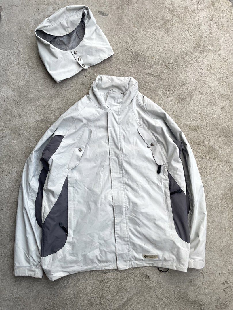 WHOOPER PRO Vintage Technical Shell Jacket w/ Detachable Hood (Category: Coats, Jackets and Outerwear) located in Manila. Submitted by jarchive (Listing ID 1467720823, Image 2). Description: WHOOPER Vintage Technical Shell Jacket w/ Detachable Hood - bone / light grey with charcoal side panels - detachable hood (snap-off), can wear as high-neck too - hidden front zip + chest pockets, side YKK zip pockets - mesh lining, drawcord hem, velcro cuffs 