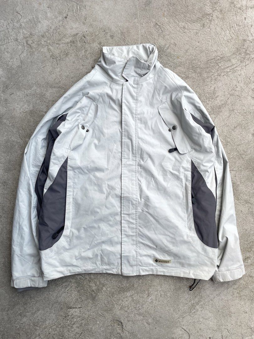 WHOOPER PRO Vintage Technical Shell Jacket w/ Detachable Hood (Category: Coats, Jackets and Outerwear) located in Manila. Submitted by jarchive (Listing ID 1467720823, Image 3). Description: WHOOPER Vintage Technical Shell Jacket w/ Detachable Hood - bone / light grey with charcoal side panels - detachable hood (snap-off), can wear as high-neck too - hidden front zip + chest pockets, side YKK zip pockets - mesh lining, drawcord hem, velcro cuffs 