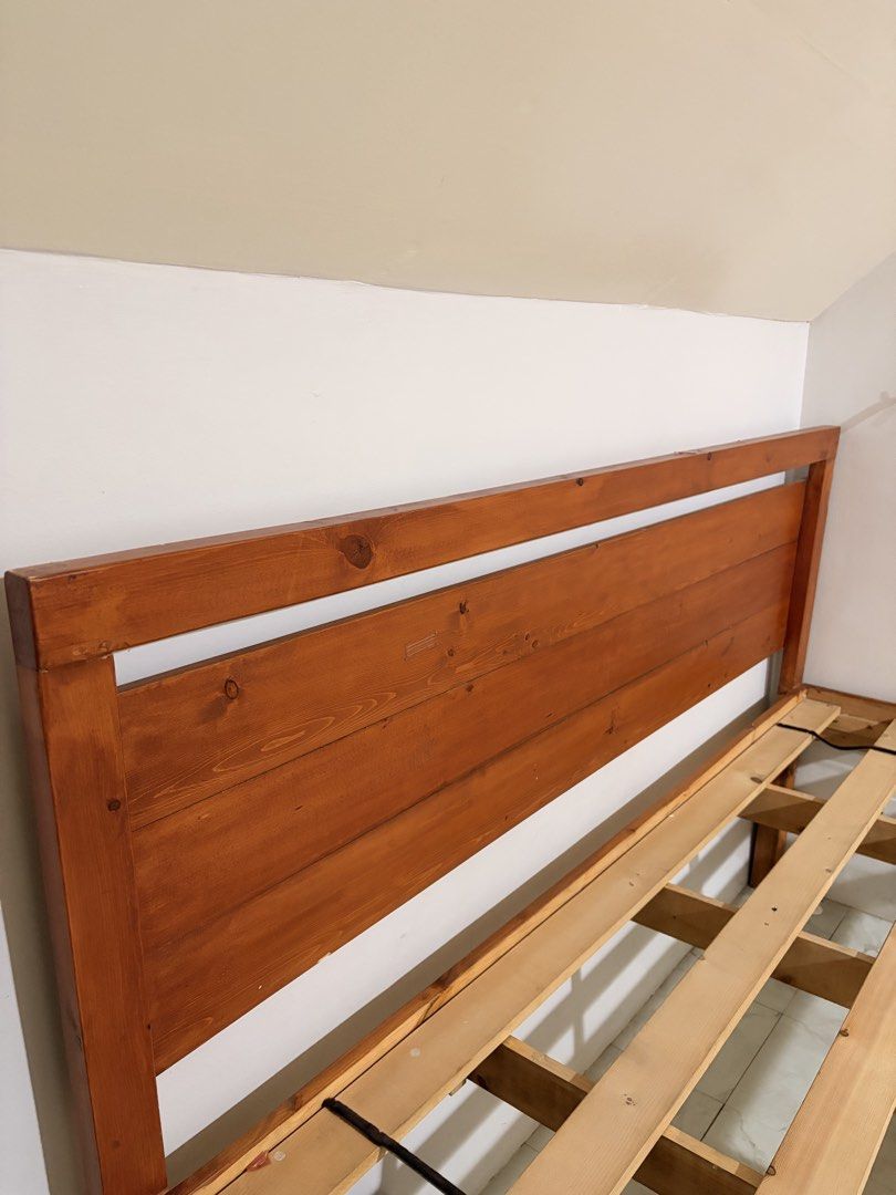 Wooden bed frame with headboard (Category: Bed Frames & Mattresses) located in Antipolo. Submitted by daddywill (Listing ID 1467668171, Image 3). Description: FOR SALE! Solid Mahogany Wood King Size Bed Frame! Matibay at maayos, minimal issue. ready for a new owner. PM sa interested! Nabili ko last year for 15K sa Cavite pinagawa ko yan., Pinasadya. RFS: Gusto na ng bago. Antipolo location for Pick up only Pwede mo icheck bago mo ipick up Maia Al