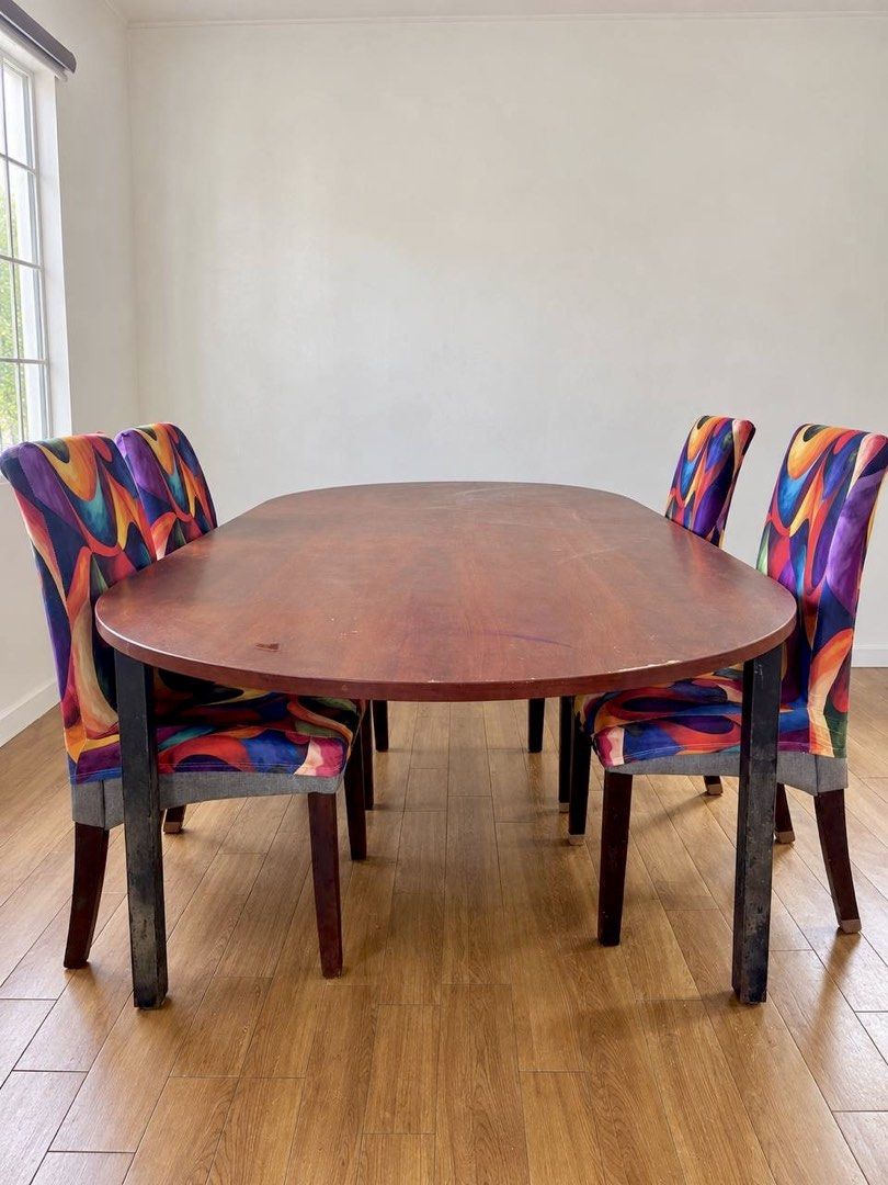 Wooden Oval Conference/Dining Table (Category: Tables & Sets) located in Santa Rosa. Submitted by jd_rkive (Listing ID 1467637559, Image 1). Description: 📍 Laguna Belair, Santa Rosa Laguna • LARGE oval wooden conference/dining table with wood veneer finish and sturdy metal legs • Seats 6 comfortably • Visible wear marks from previous use • Upholstered chairs sold as set for 3,000 •Negotiable if taking as set with other furniture listing ☺︎ .