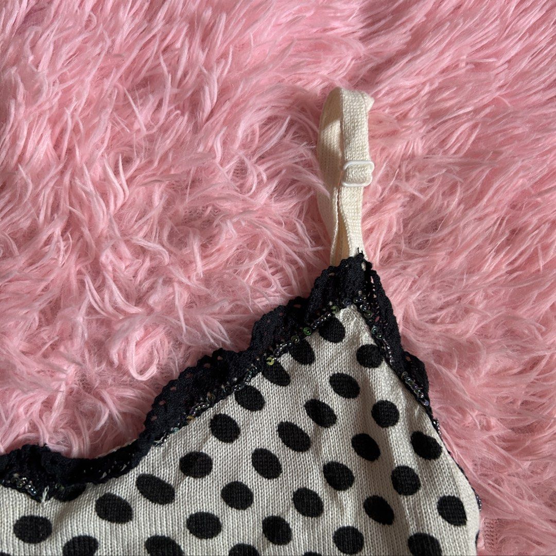 y2k polka dot lace trim cami (Category: Others Tops) located in Liloan. Submitted by fairymary.ph (Listing ID 1467742556, Image 2). Description: READ BIO BEFORE BUYING✨ P250+sf size XL on tag 16x32-36 adjustable strap knitted beaded in pristine condition .
