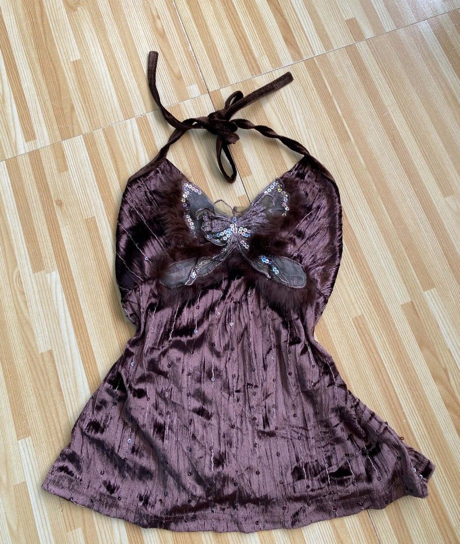 Y2K-style fairycore top (Category: Others Tops) located in Argao. Submitted by royalowl-888 (Listing ID 1467717987, Image 2). Description: This brown crushed velvet and sequin butterfly halter top is a Y2K-style fairycore camisole excellent condition location visayas.