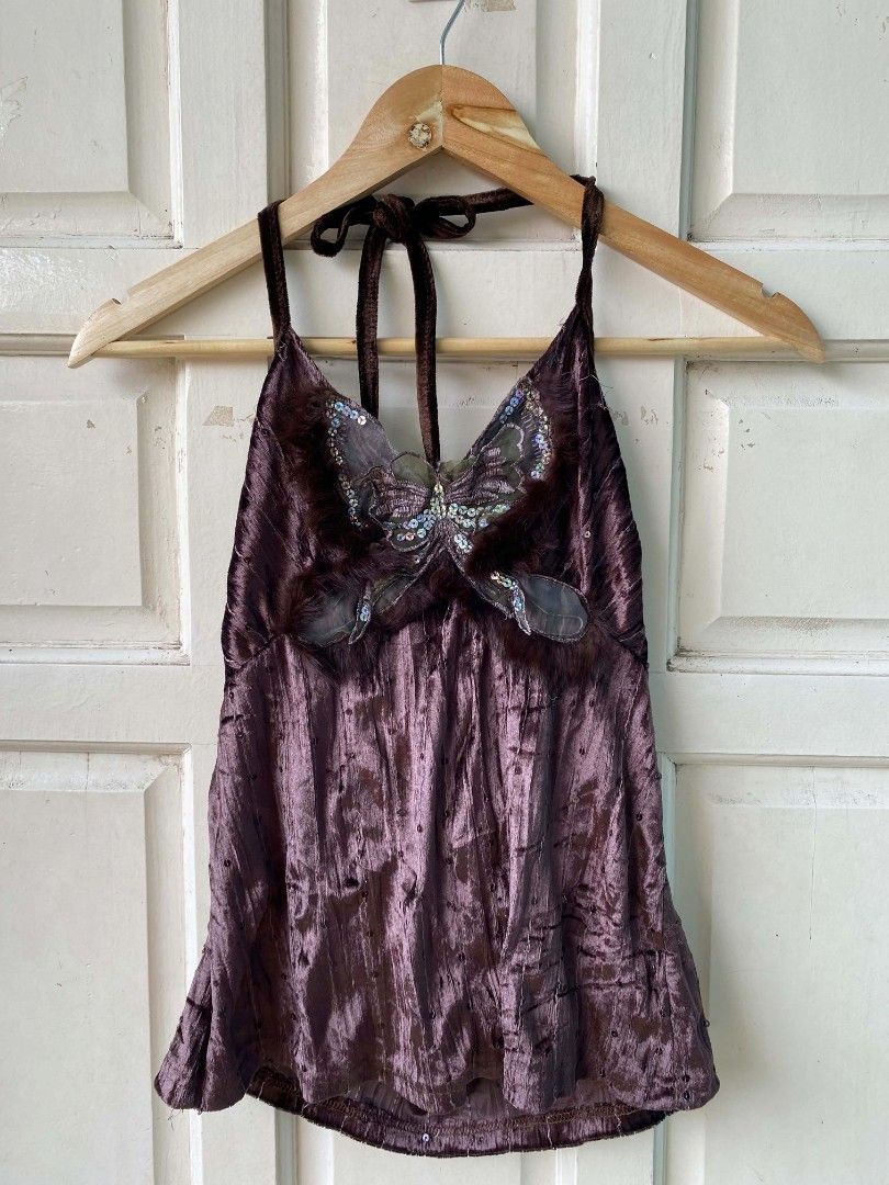 Y2K-style fairycore top (Category: Others Tops) located in Argao. Submitted by royalowl-888 (Listing ID 1467717987, Image 1). Description: This brown crushed velvet and sequin butterfly halter top is a Y2K-style fairycore camisole excellent condition location visayas.