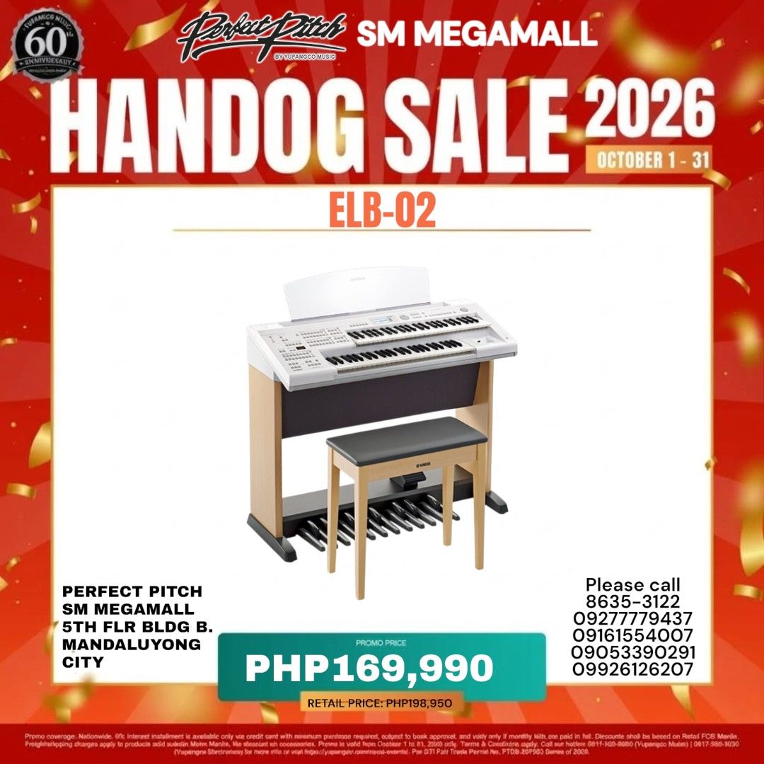 Yamaha ELB-02 Electone Organ (Category: Musical Instruments) located in Quezon City. Submitted by marvincaoile (Listing ID 1467635351, Image 1). Description: - Model: Yamaha ELB-02 Electone Organ - Inclusions: Dual keyboards, expression pedals, bench, and standard music rest - Design: Modern beige and dark brown finish - Regular Price: ₱198,950 - Promo Price: ₱169,990 - Location: Perfect Pitch, 5th Floor, Building B, SM Megamall, Mandaluyong City