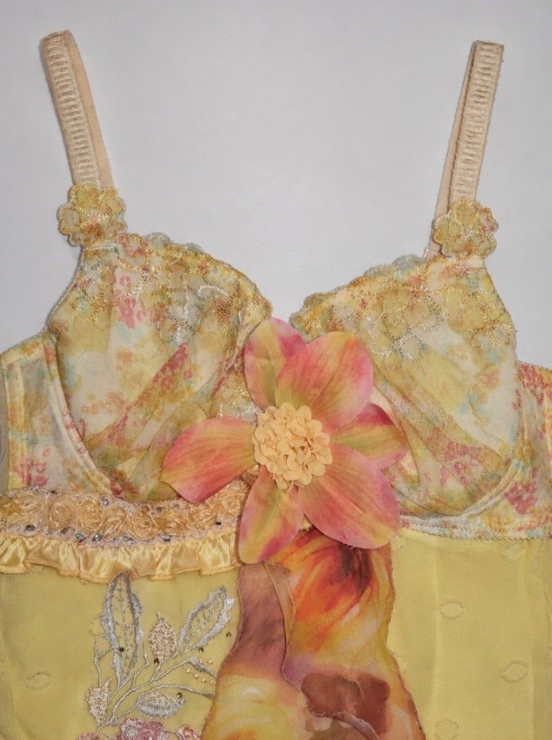 yellow fairy top (Category: Sleeveless) located in Rizal. Submitted by christine_eagle (Listing ID 1467724126, Image 2). Description: size: s-m, bust: 36b mine: 1600 steal: 1800 grab: 1950 lock: 3000 (auto yours) eob: oct. 14, 6pm payment: gcash/maribank shipping: j&t express/lbc/phlpost ♡one-of-one, carefully reworked by hand. no two pieces are alike. handle with care. avoid excessive pulling to preserve its shape and details. ♡minor imperfectio