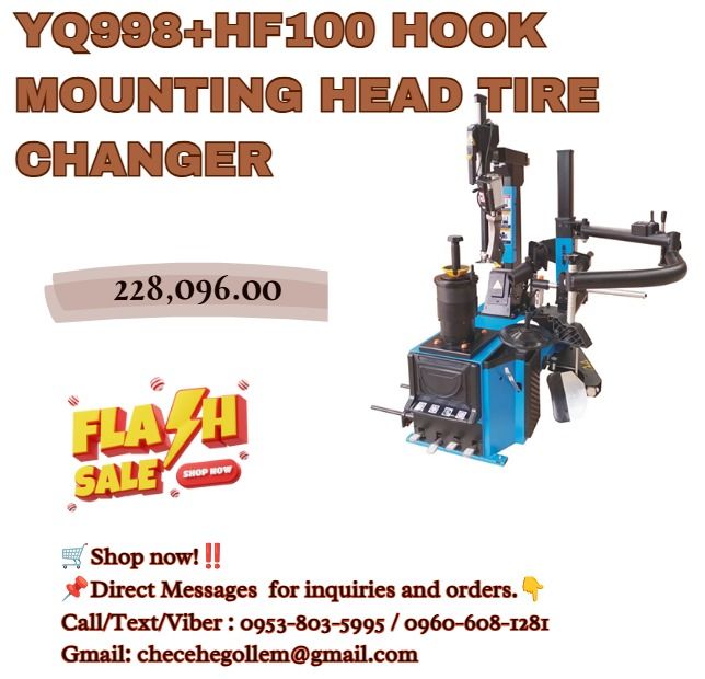 YQ998+HF100 HOOK MOUNTING HEAD TIRE CHANGER (Category: Industrial Equipment) located in Caloocan City. Submitted by 09059603908 (Listing ID 1467699973, Image 1). Description: ◎Power： 1.1kw/0.75kw ◎Power supply： 110V/220V/380V/50HZ/60HZ ◎Max. wheel diameter： 46″(1180mm) ◎Max. wheel width： 13″(340mm) ◎Outside clamping： 11″~26″ ◎Inside clamping： 14"～28" ◎Air supply： 8bar-10bar ◎Bead breaker force： 2500kg ◎Noise level： <70dB ◎Packing size：970mm*750mm