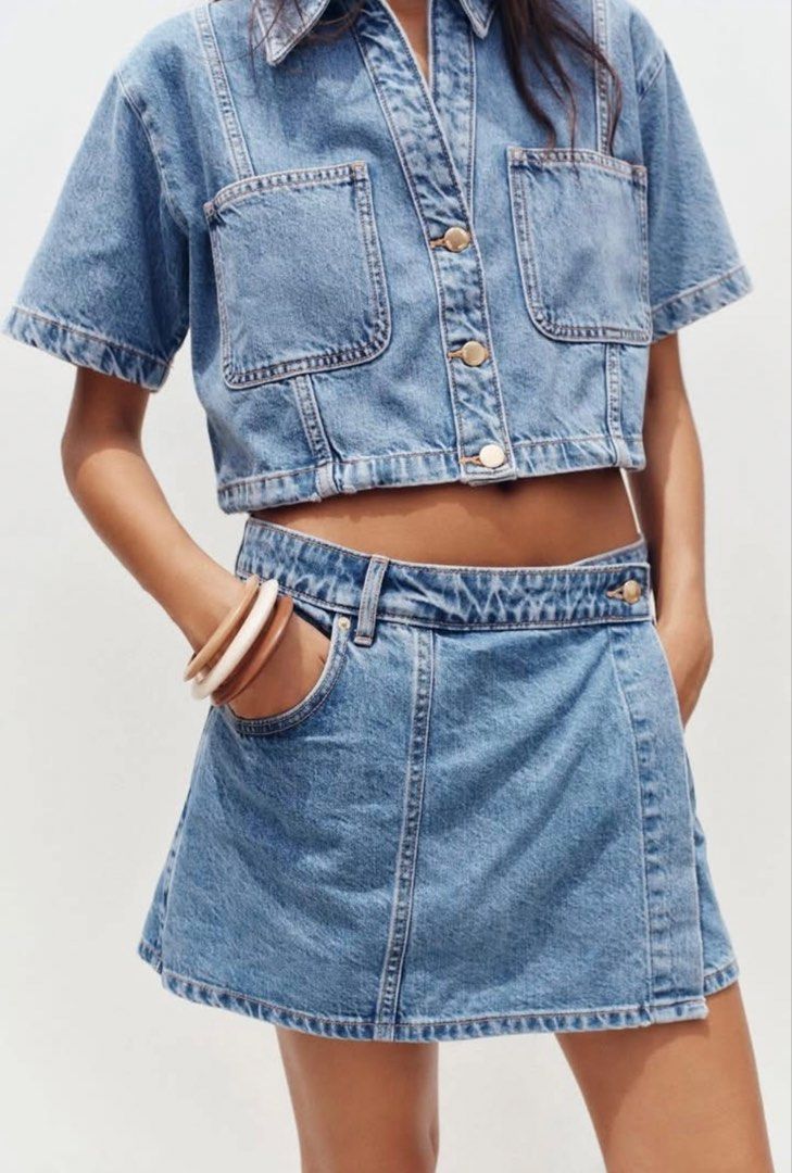 ZARA cropped denim shirt (Category: Coats, Jackets and Outerwear) located in Cavite. Submitted by stylzmnl (Listing ID 1467650924, Image 2). Description: ♡ worn only once ♡ XS on tag fits xs-small ♡ ₱450.00 + SF ♡ no low-baller please. last price posted. loc: Pasig | Bacoor/Imus.