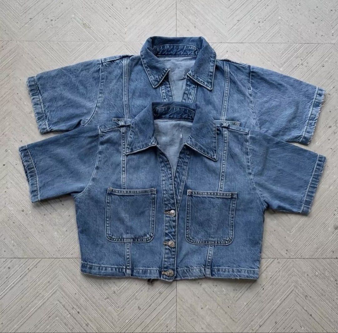 ZARA cropped denim shirt (Category: Coats, Jackets and Outerwear) located in Cavite. Submitted by stylzmnl (Listing ID 1467650924, Image 1). Description: ♡ worn only once ♡ XS on tag fits xs-small ♡ ₱450.00 + SF ♡ no low-baller please. last price posted. loc: Pasig | Bacoor/Imus.