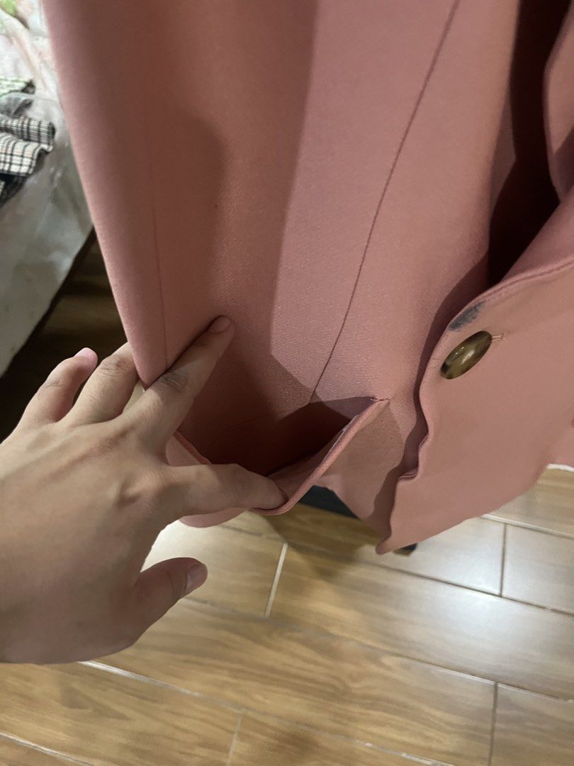 Zara Pink Double-Breasted Blazer Vest Size S (Category: Coats, Jackets and Outerwear) located in Makati City. Submitted by grizzlybear95 (Listing ID 1467728985, Image 3). Description: - Brand: Zara - Item: Pink sleeveless blazer - Size: S - Made in Morocco - Details: Double-breasted front, tortoiseshell buttons, two front pockets, fully lined - Flaw: Noticeable black stain near the left button closure (see close-up photo).