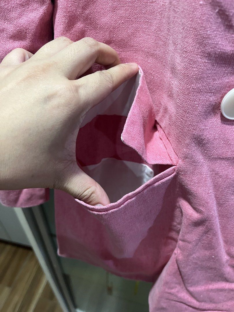 Zara Pink Double-Breasted Blazer Linen Size S (Category: Coats, Jackets and Outerwear) located in Makati City. Submitted by grizzlybear95 (Listing ID 1467729604, Image 3). Description: - Brand: Zara - Color: Pink with white inner lining - Size: Small (S) - Closure: Double-breasted front with two white buttons - Design: Structured lapel collar and two front flap pockets - Origin: Made in Cambodia - Condition: Excellent, ready to wear.