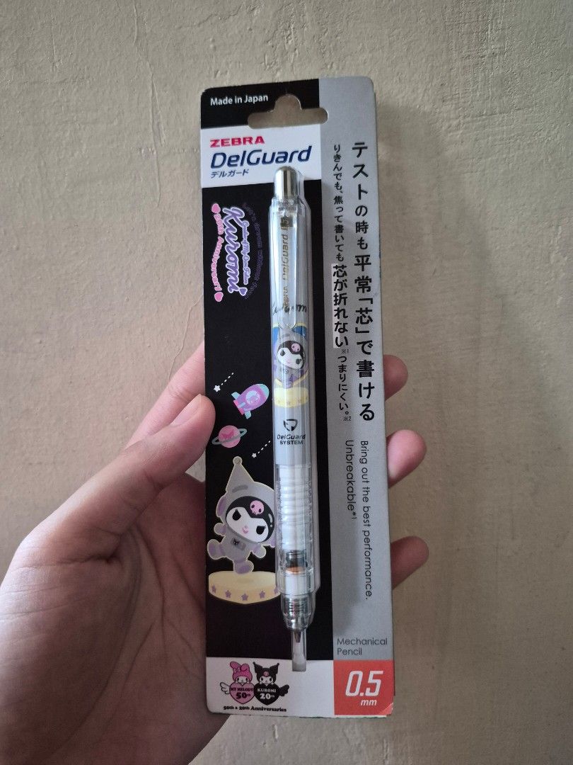 Zebra DelGuard Mechanical Pencil (0.5mm) (Category: Stationery & School Supplies) located in Taguig. Submitted by mvgc04 (Listing ID 1467625312, Image 1). Description: Original price: 450 Make your offers nalang po :) - Lead Size: 0.5mm - Edition: Special Kuromi 20th Anniversary Packaging - Feature: Unbreakable lead system designed to prevent breakage while writing - Origin: Made in Japan - Condition: Brand new, unopened original packaging.