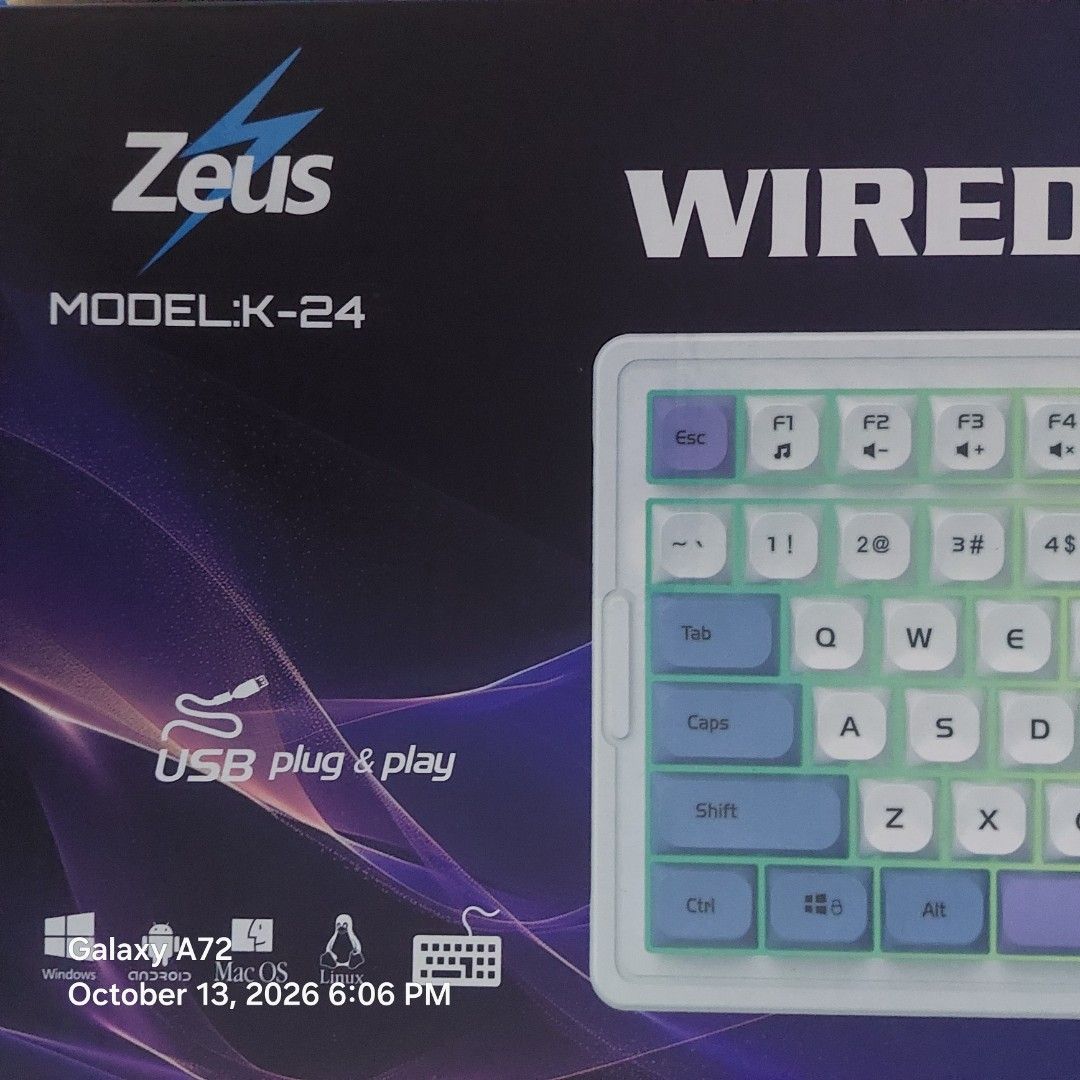 Zeus Wired Keyboard (Category: Computer Keyboard) located in Quezon City. Submitted by nicheseeker (Listing ID 1467659961, Image 1). Description: Declutter since number keys on top row won't work. Box & foam cover included. MOP: GCash or Maribank SF: Lalamove or Grab by buyer.