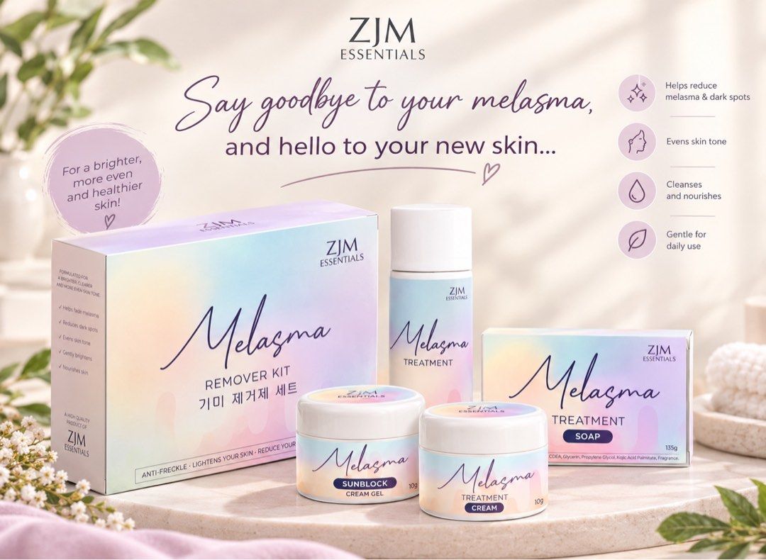 ZJM Essentials Melasma Remover Kit Treatment Set (Category: Face Care) located in Paranaque City. Submitted by our_daily_essentialz (Listing ID 1467733534, Image 1). Description: ZJM Essentials Melasma Remover Kit - Complete 4-in-1 set: Treatment soap, treatment bottle, treatment cream, and sunblock cream gel - Effectively reduces melasma, dark spots, and freckles - Evens out skin tone and lightens complexion - Gentle formula designed for safe, d