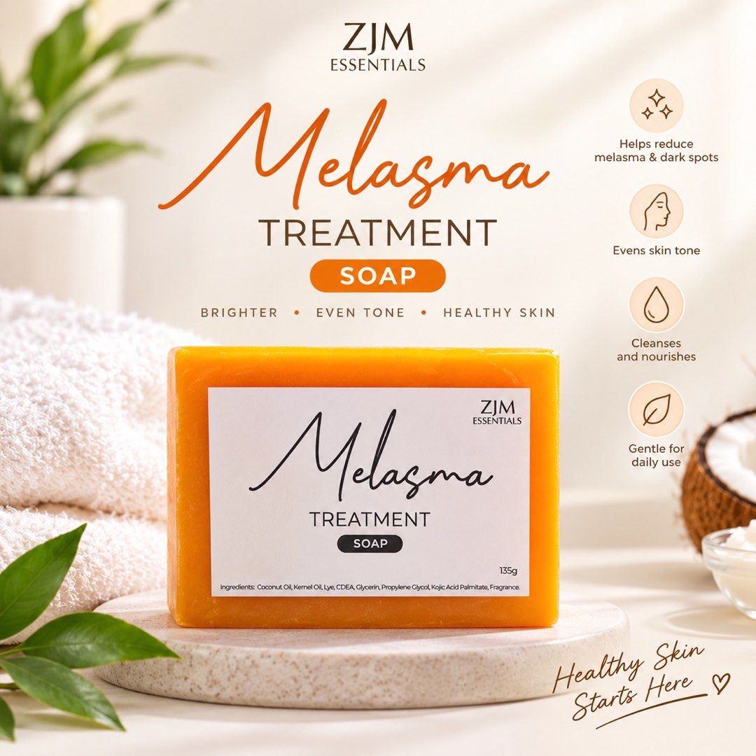 ZJM Essentials Melasma Treatment Soap 135g (Category: Bath) located in Paranaque City. Submitted by our_daily_essentialz (Listing ID 1467733609, Image 1). Description: - Brand new ZJM Essentials Melasma Treatment Soap (135g) in original packaging - Formulated to help reduce dark spots and even out skin tone - Gentle formula suitable for daily use - Enriched with nourishing ingredients like coconut oil, kernel oil, glycerin, and kojic acid palmita